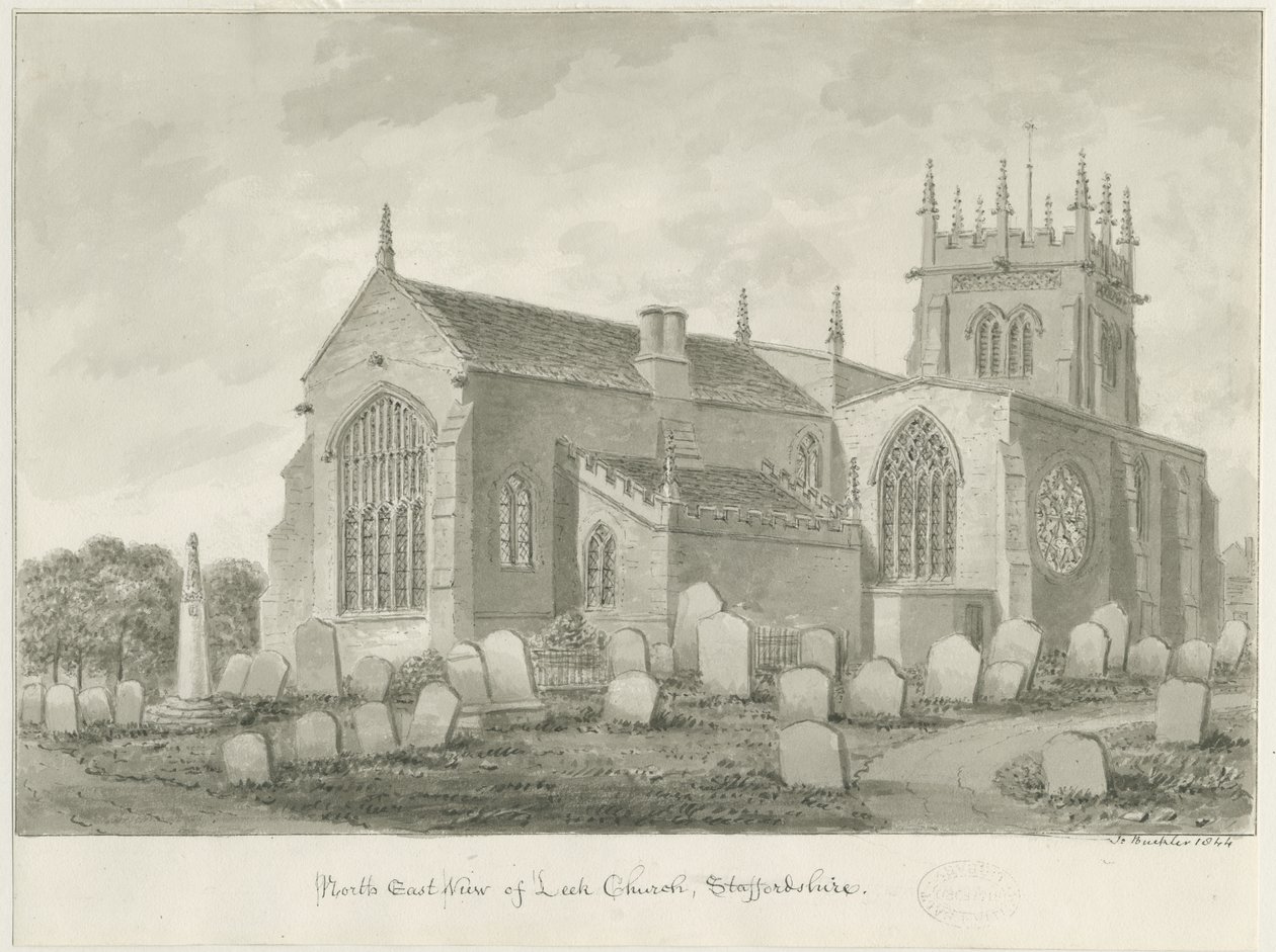 Leek Church: sepia-tegning, 1844 av John Buckler
