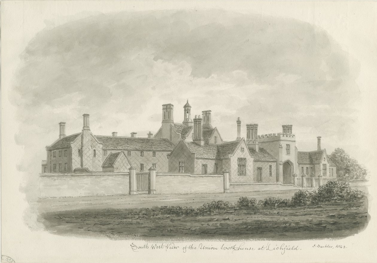 Lichfield - Union Workhouse: sepia-tegning av John Buckler
