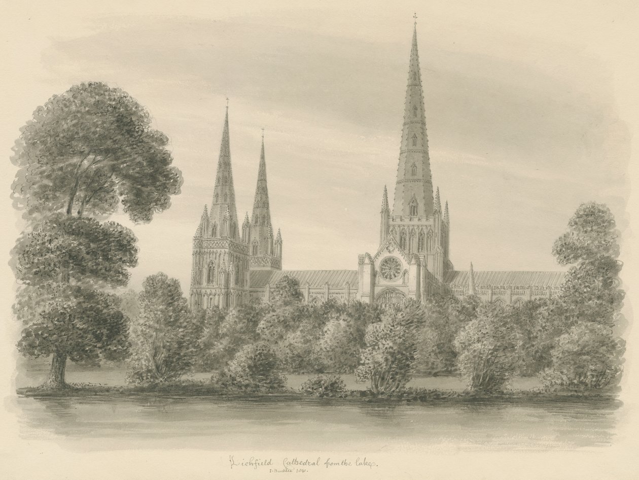 Lichfield Cathedral - South View: sepia-tegning av John Buckler
