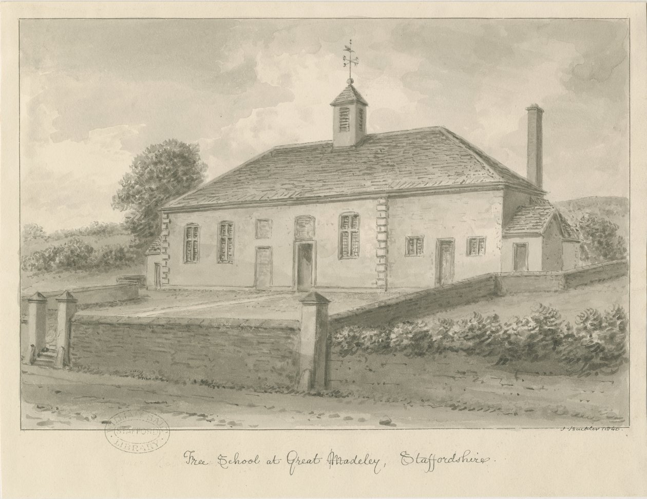 Madeley - Free School: sepia-tegning, 1840 av John Buckler