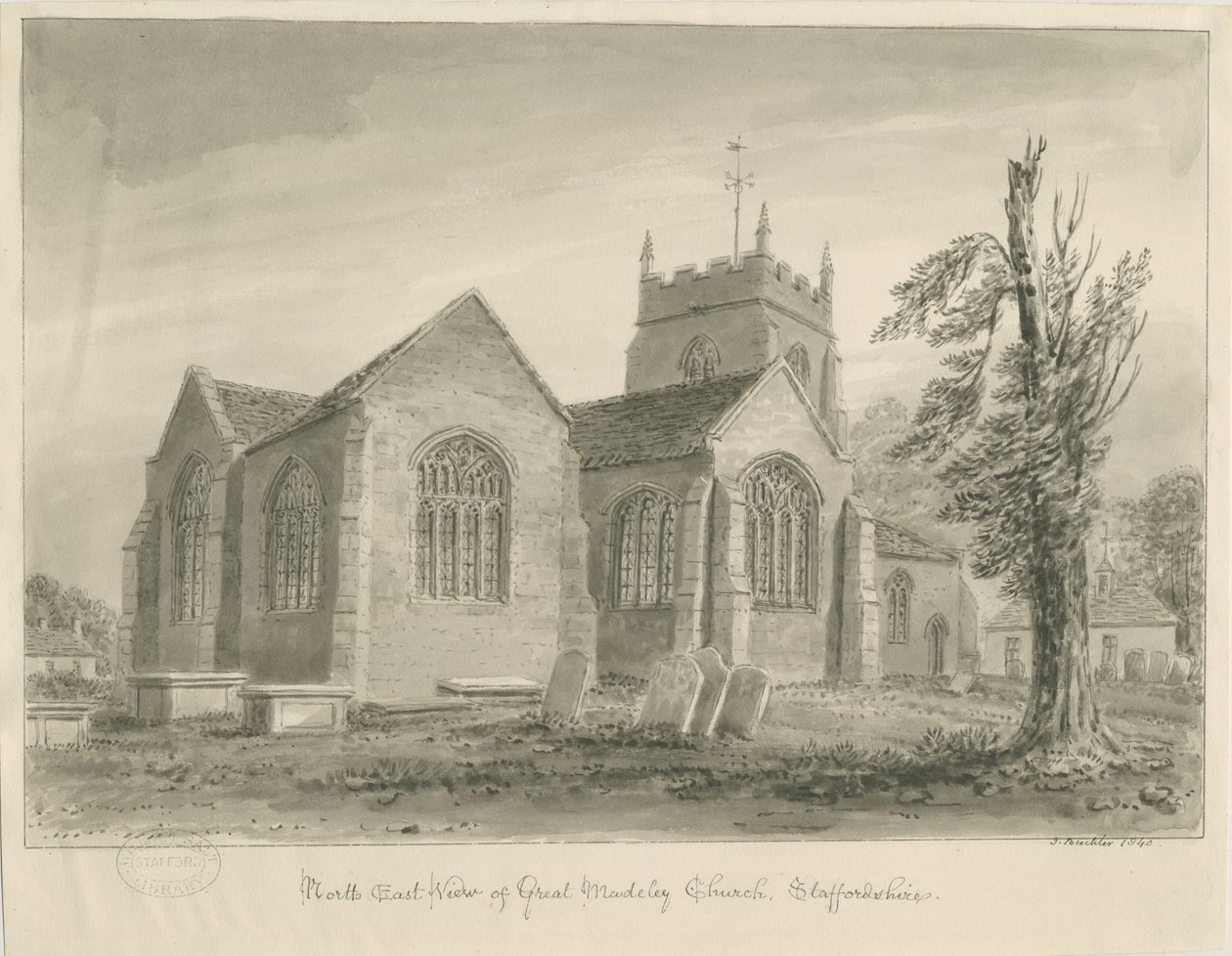 Madeley Church: sepia vask tegning av John Buckler