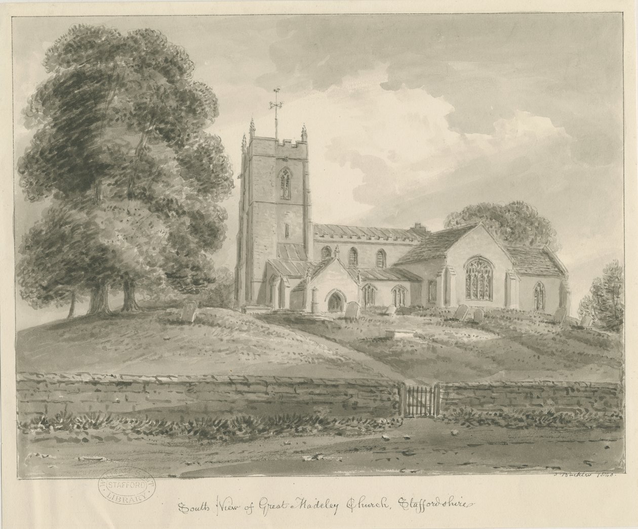 Madeley Church: sepia vask tegning av John Buckler