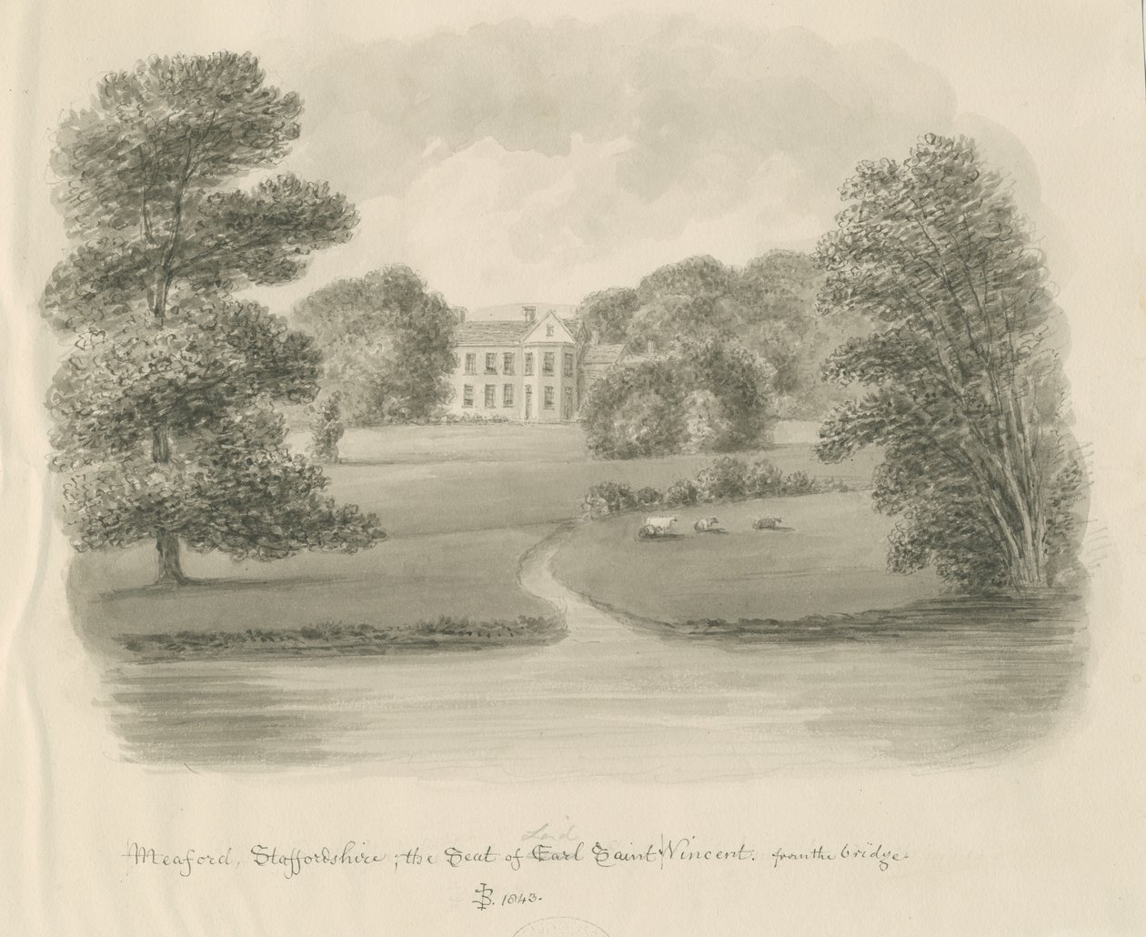 Meaford Hall: sepia vask tegning av John Buckler