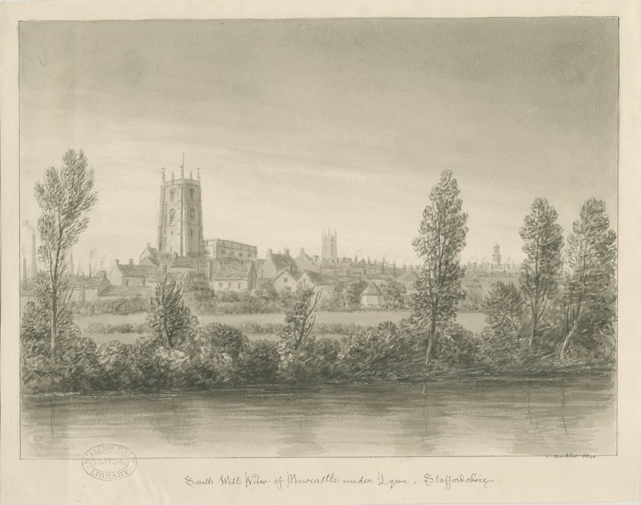 Newcastle-under-Lyme Town: sepia vask tegning av John Buckler