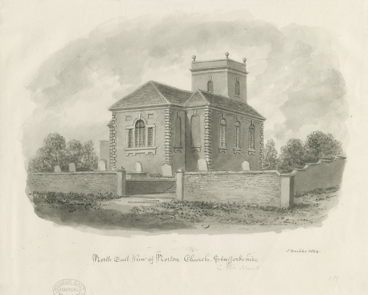 Norton-in-the-Moors kirke: sepia vask tegning av John Buckler