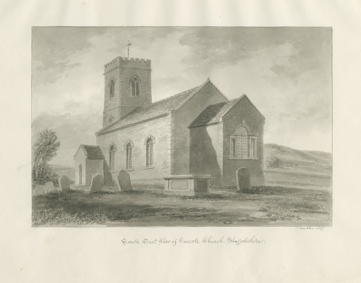 Onecote kirke: sepia vasketegning, 1847 av John Buckler