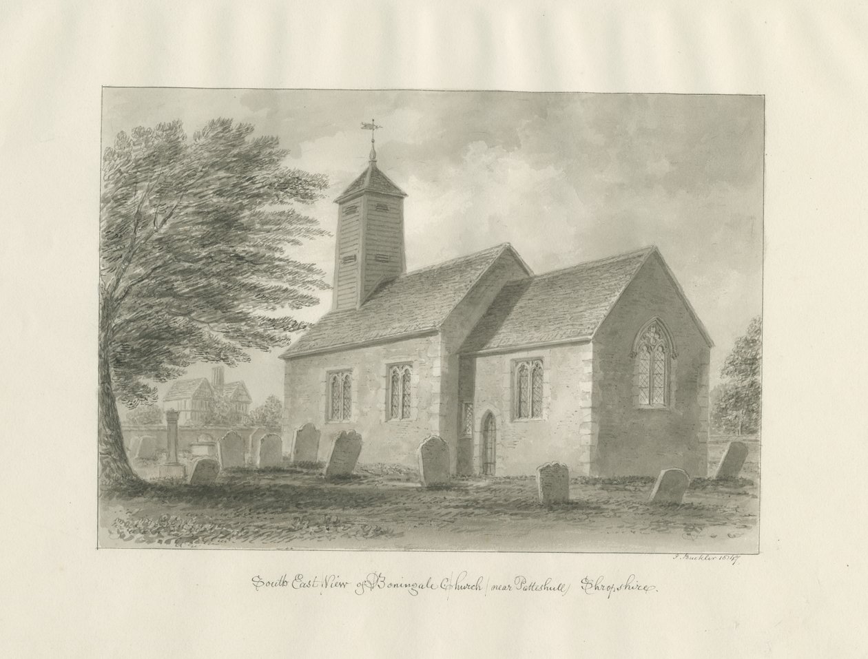 Patshull - Boningale kirke: sepia vask tegning av John Buckler