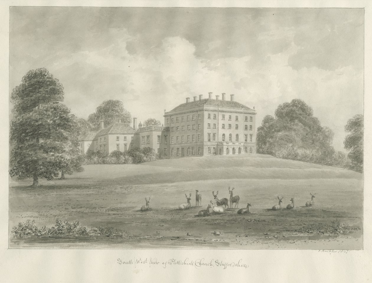 Patshull House: sepia-tegning, 1847 av John Buckler