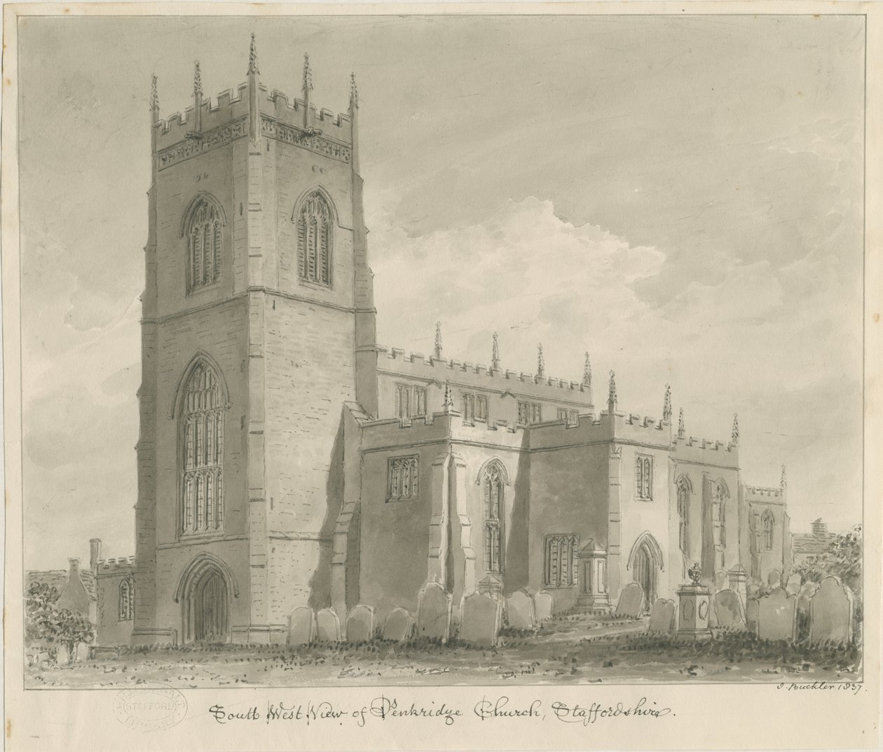 Penkridge Church: sepia-tegning, 1837 av John Buckler