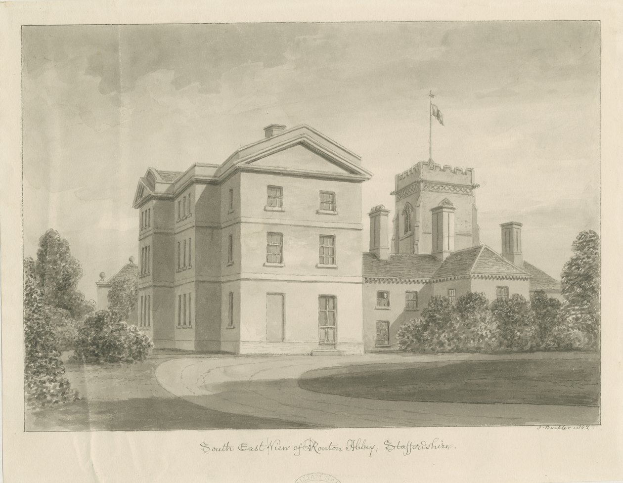 Ranton Abbey [Priory]: sepia-tegning, 1842 av John Buckler