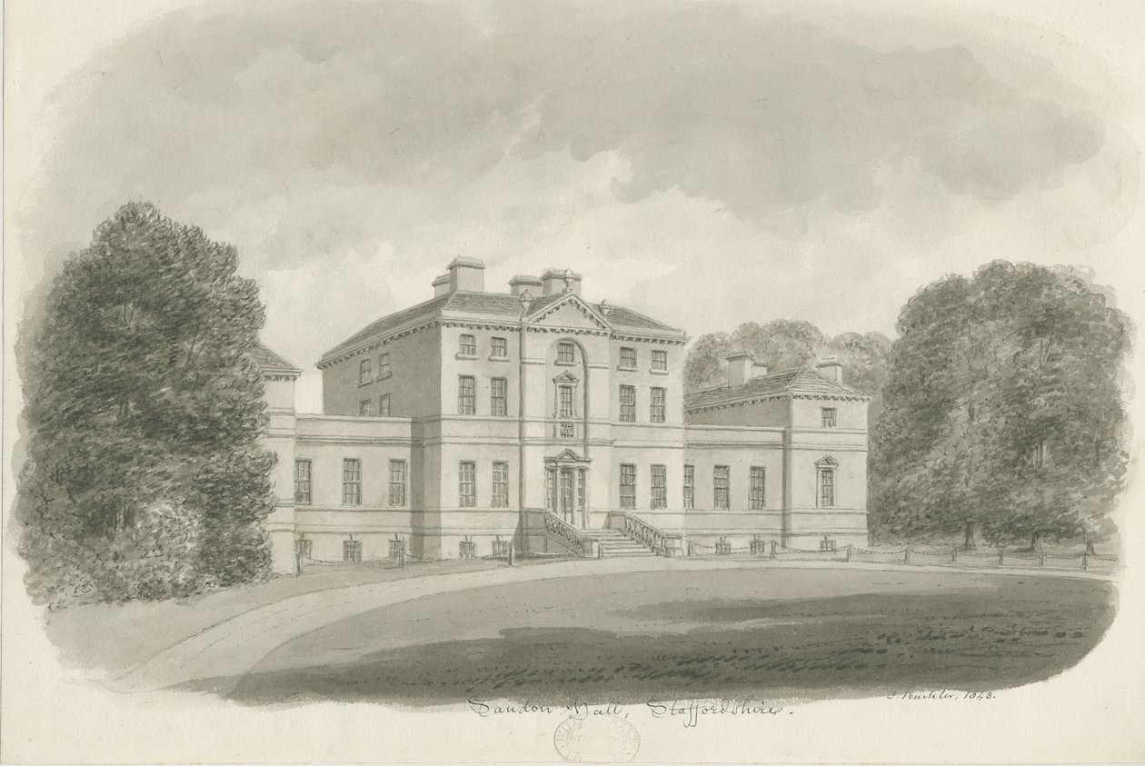 Sandon Hall: sepia-tegning (vignettert) av John Buckler