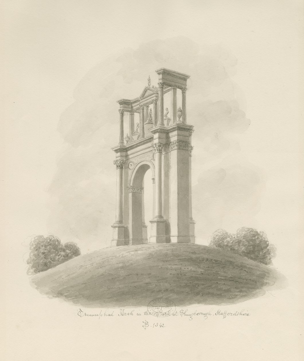 Shugborough - Triumfbue: sepia-tegning av John Buckler