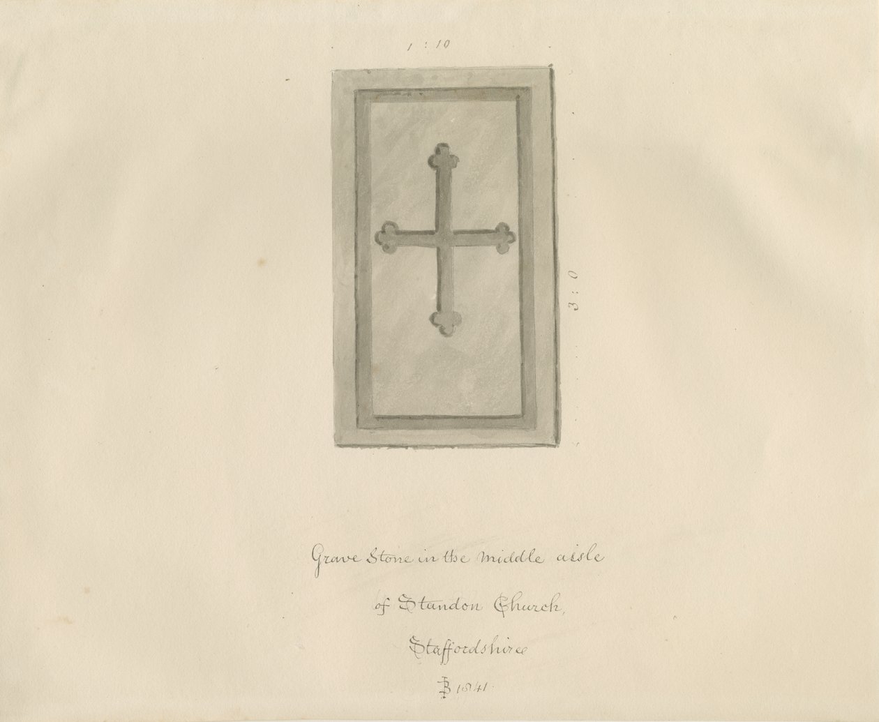Standon kirke - Gravstein: sepia tegning av John Buckler