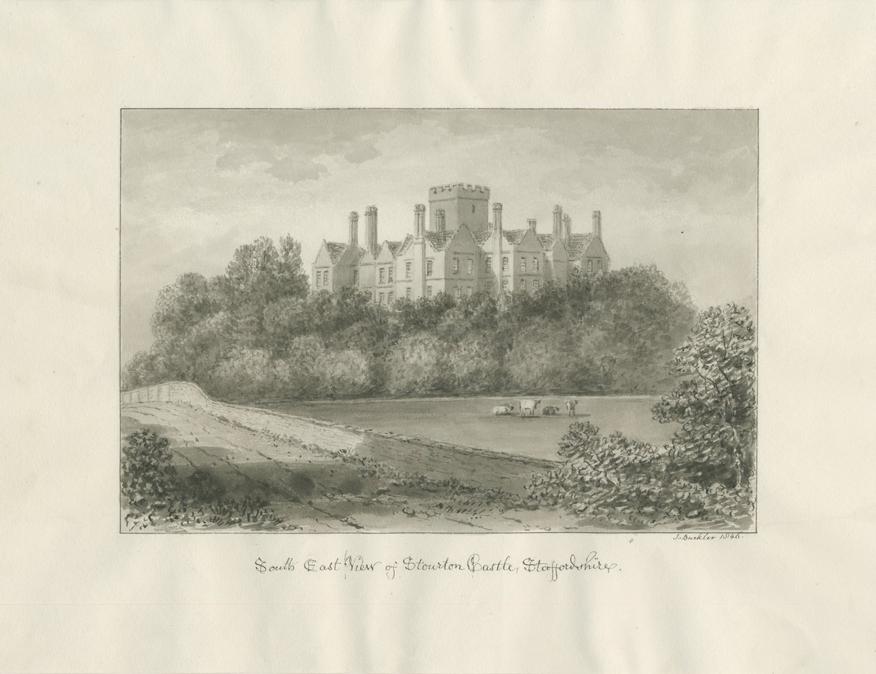Stourton Castle: sepia vasketegning, 1846 av John Buckler