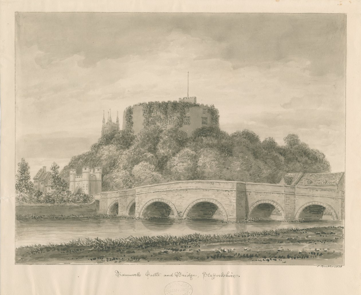 Tamworth Castle and Bridge: sepia-tegning av John Buckler
