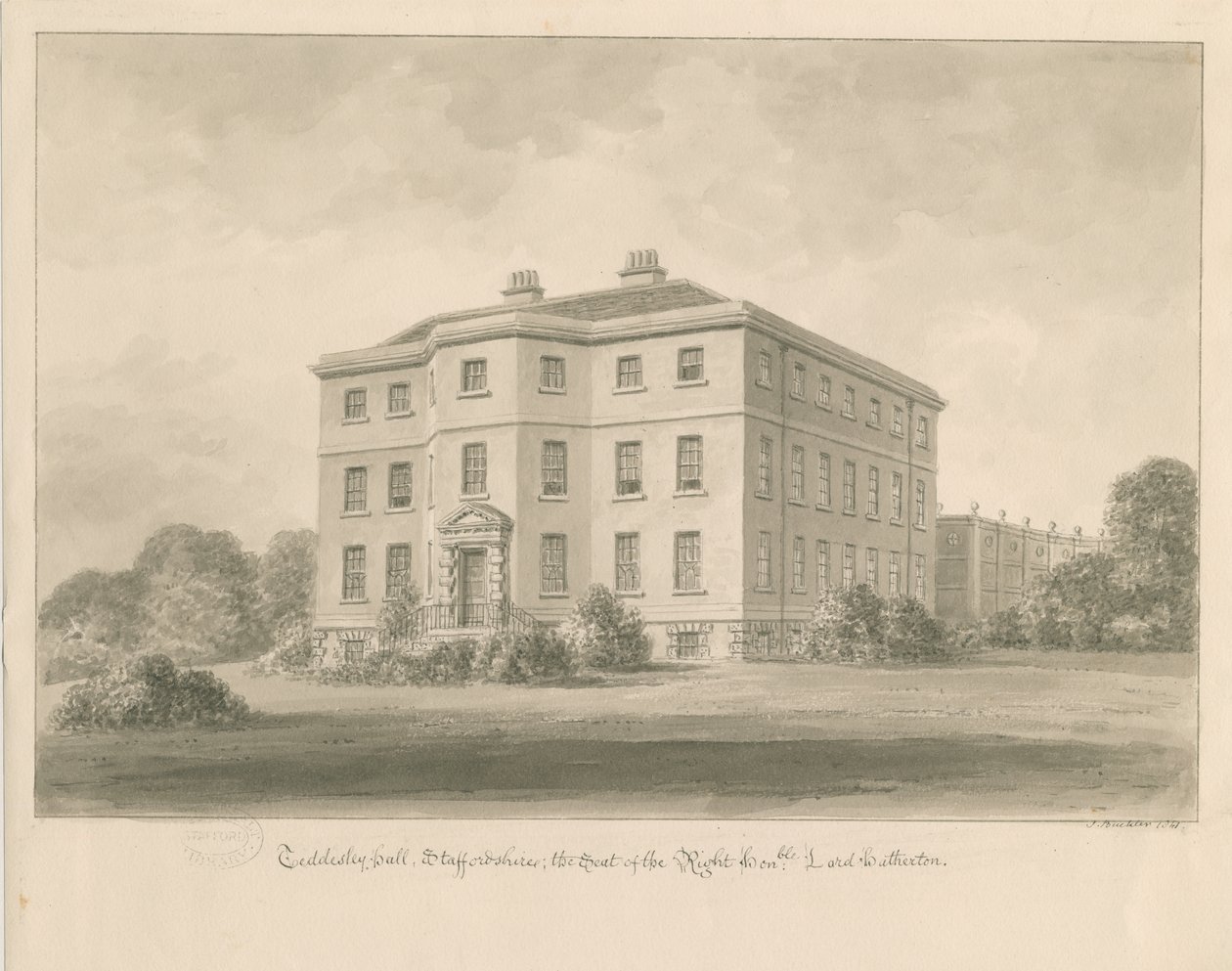 Teddesley Hall: sepia vasketegning, 1841 av John Buckler