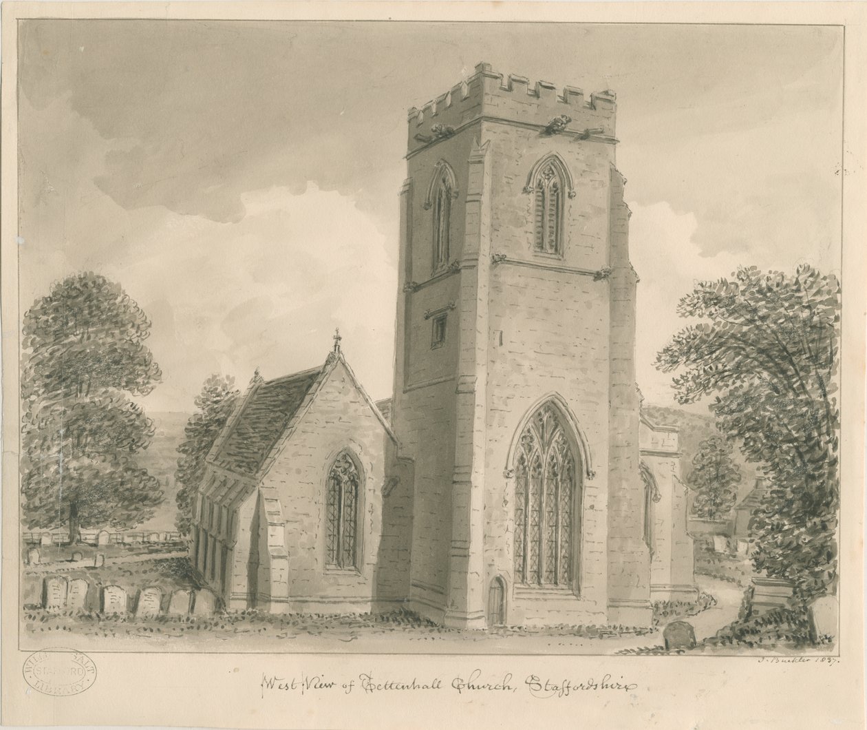 Tettenhall kirke: sepia vasketegning, 1837 av John Buckler