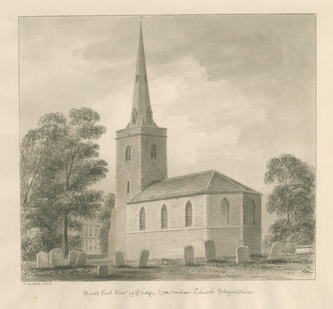 Thorpe Constantine Church: sepia vask tegning av John Buckler