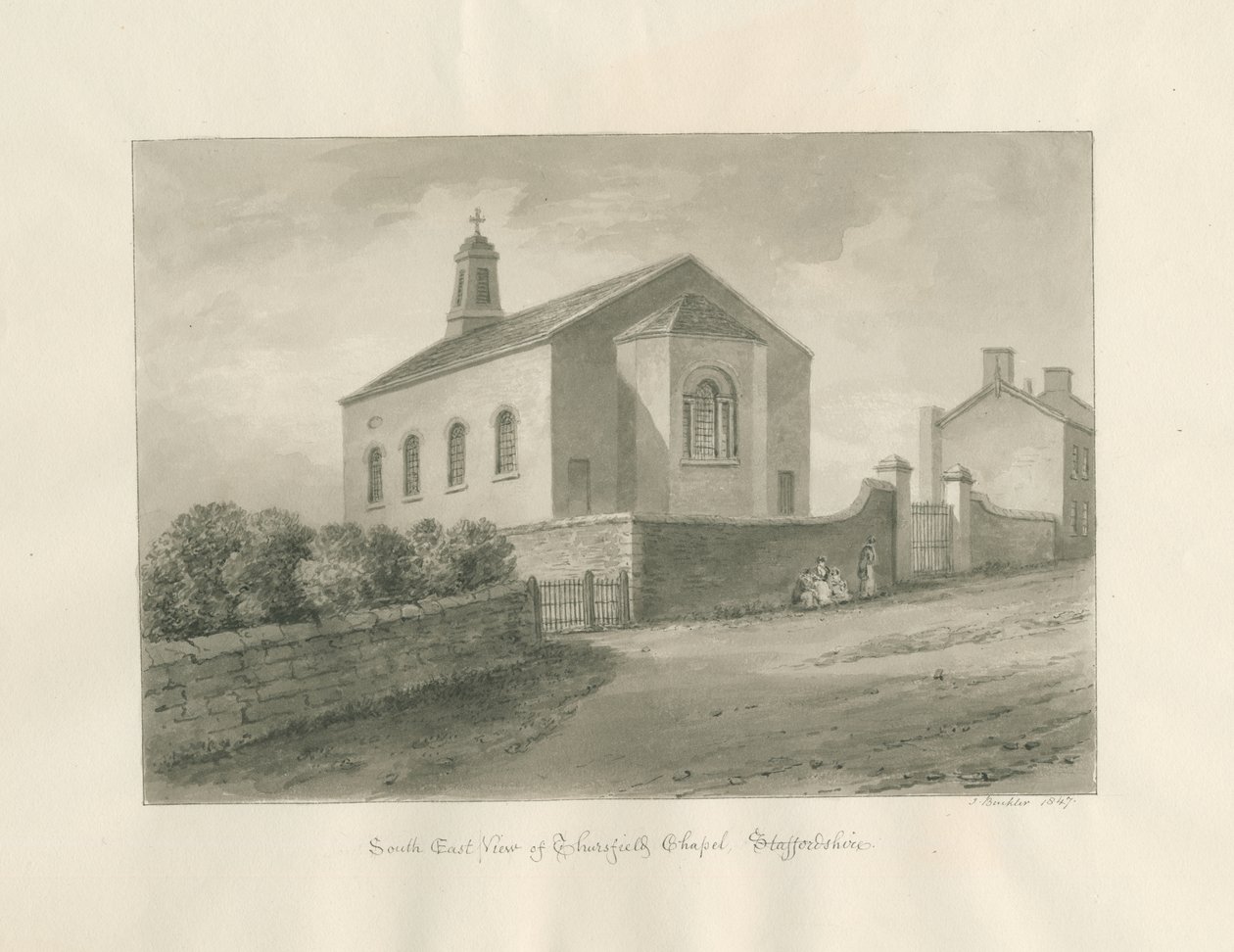 Thursfield Chapel: sepia vask tegning av John Buckler