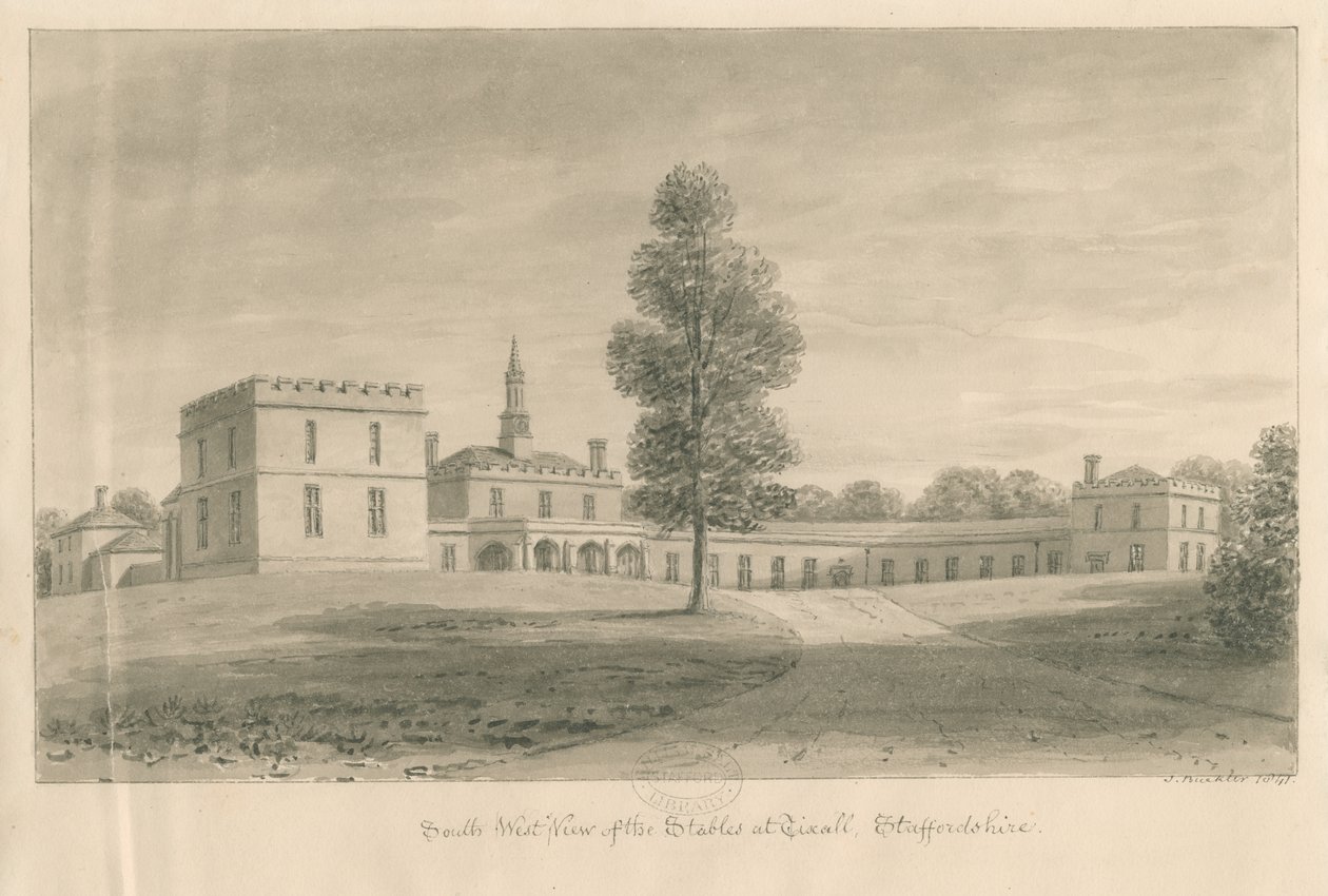 Tixall Hall - Stall: sepia-tegning, 1841 av John Buckler