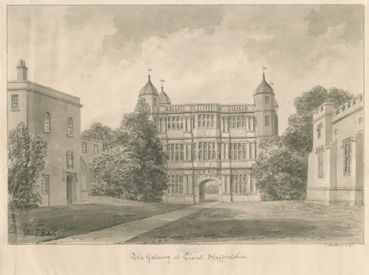Tixall Hall and Gatehouse: sepia-tegning, 1841 av John Buckler