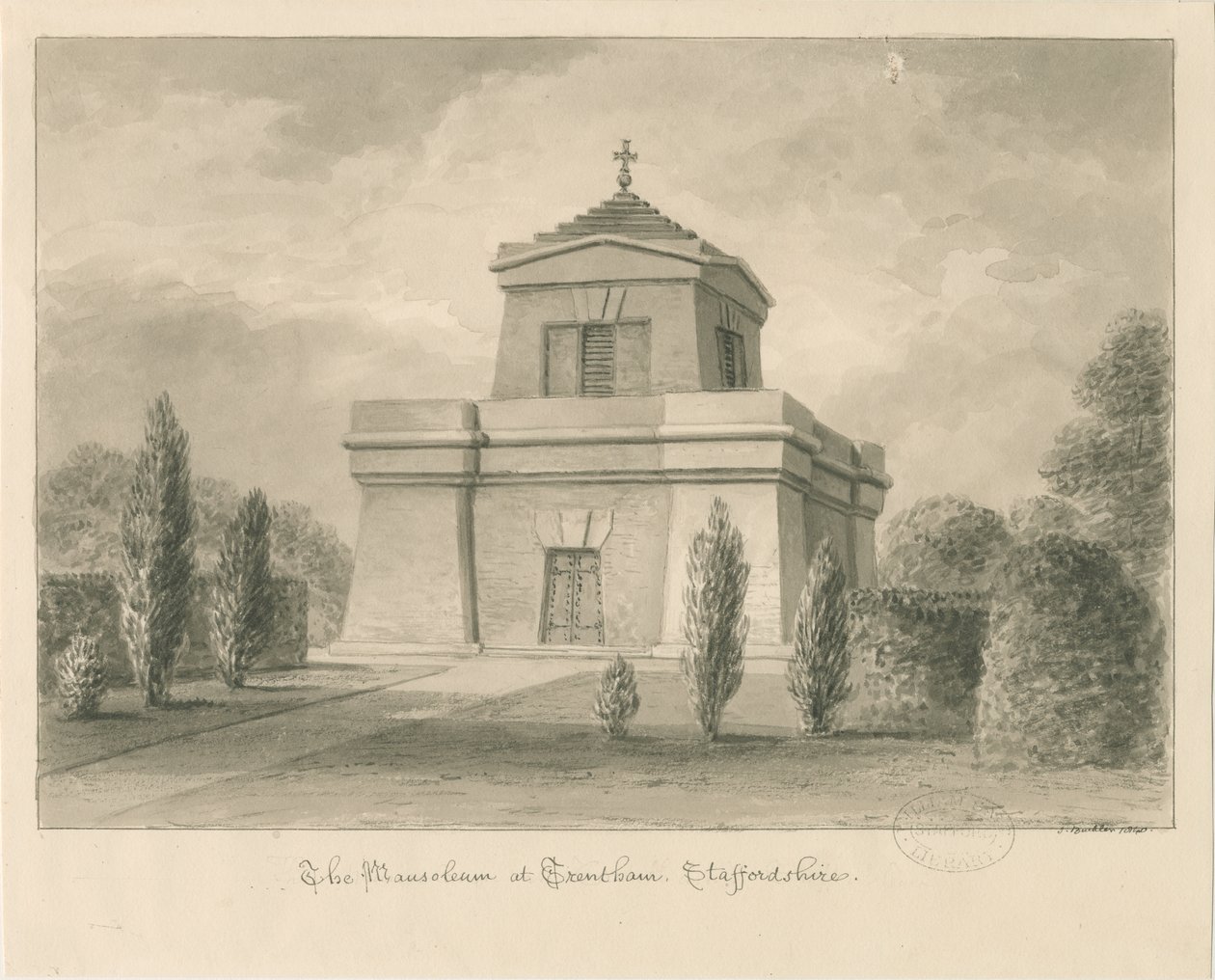 Trentham - Mausoleet: sepia-tegning av John Buckler