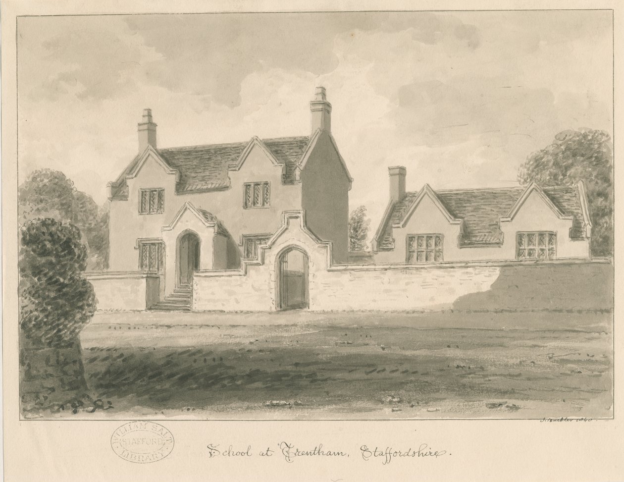 Trentham School: sepia vasketegning, 1840 av John Buckler