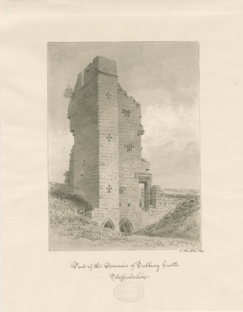 Tutbury Castle: sepia vask tegning av John Buckler