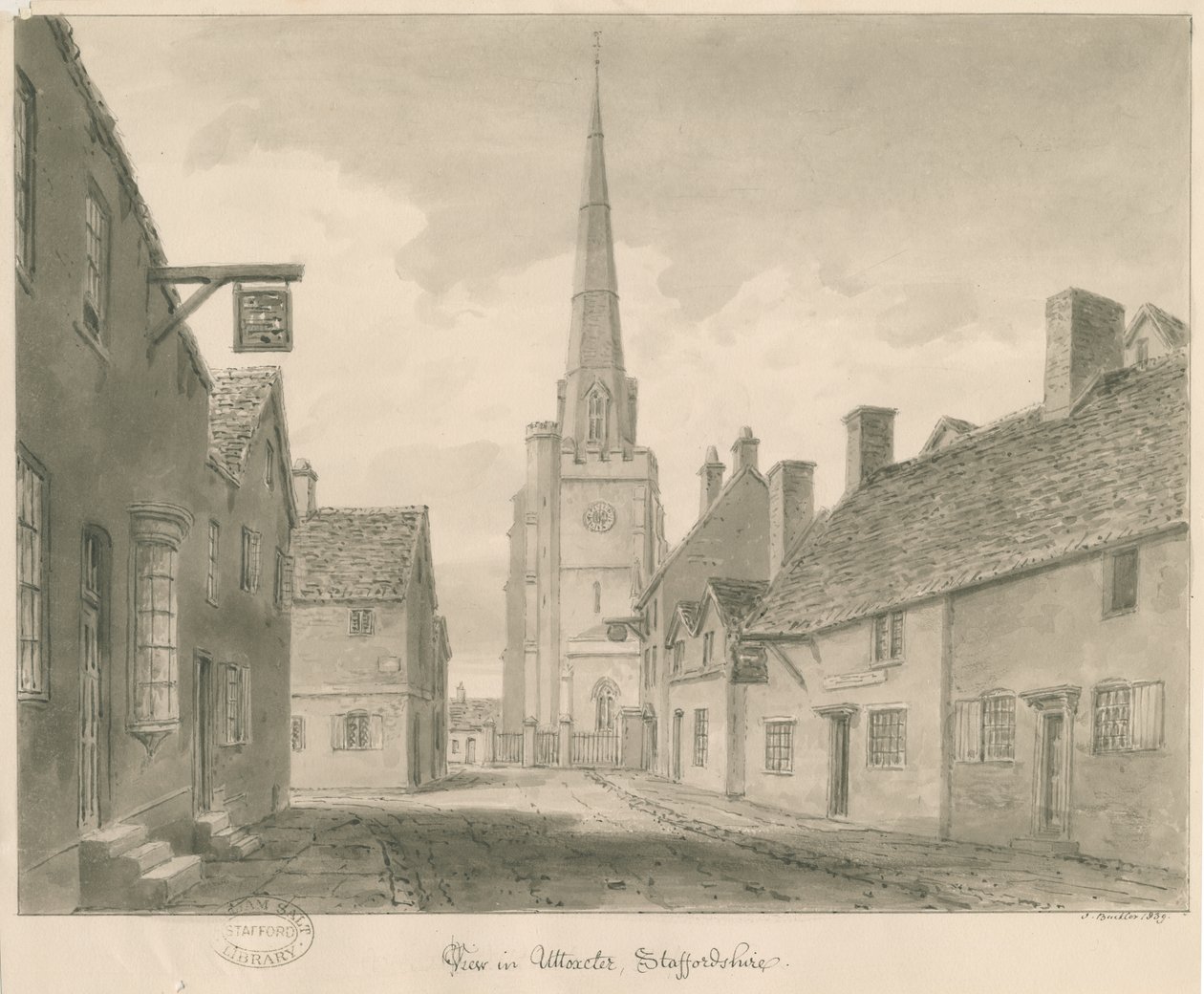 Uttoxeter Town - Street View: sepia-tegning av John Buckler