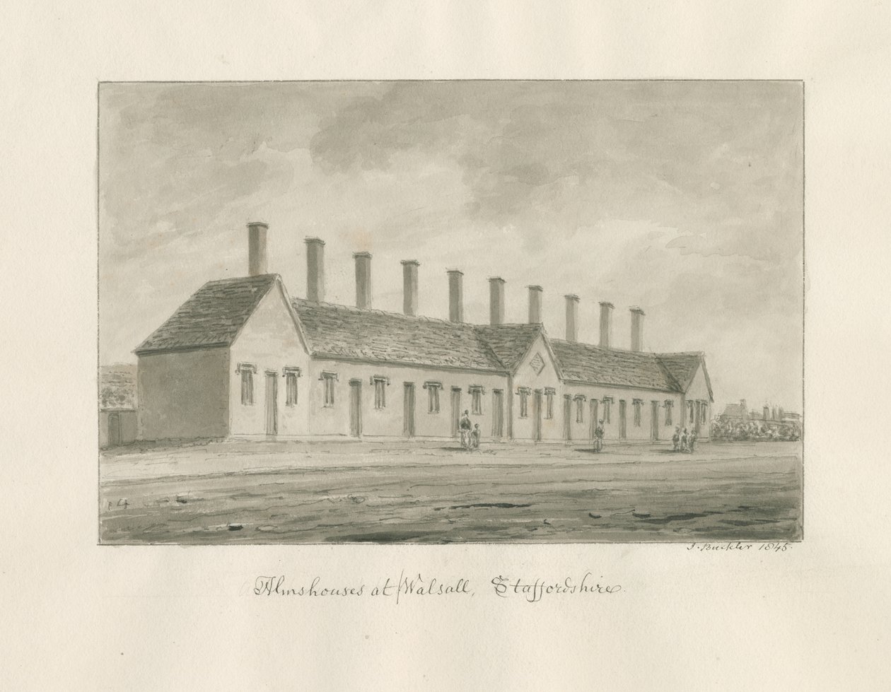 Walsall - Almshouses: sepia vask tegning av John Buckler