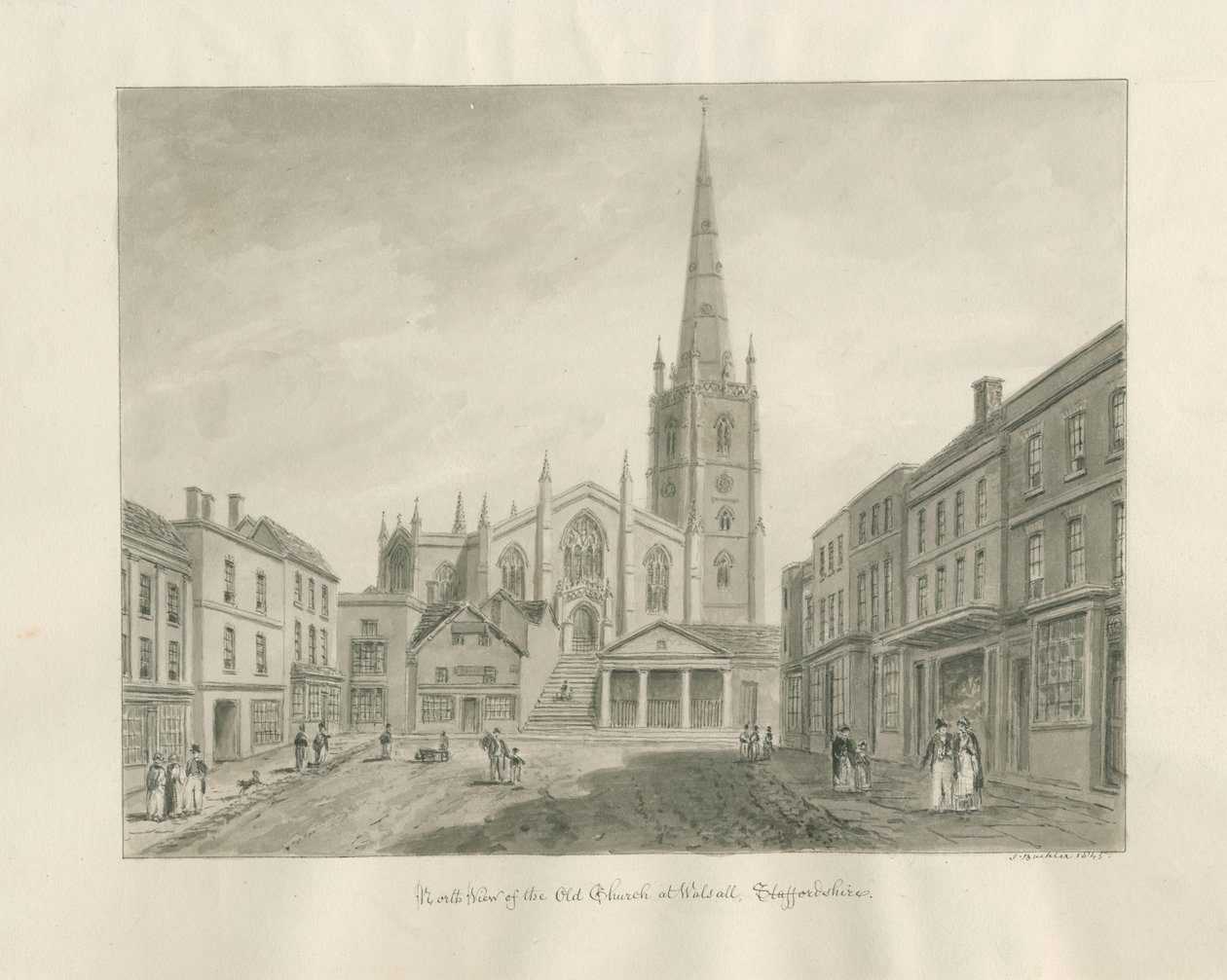 Walsall Town and Church: sepiavask-tegning av John Buckler
