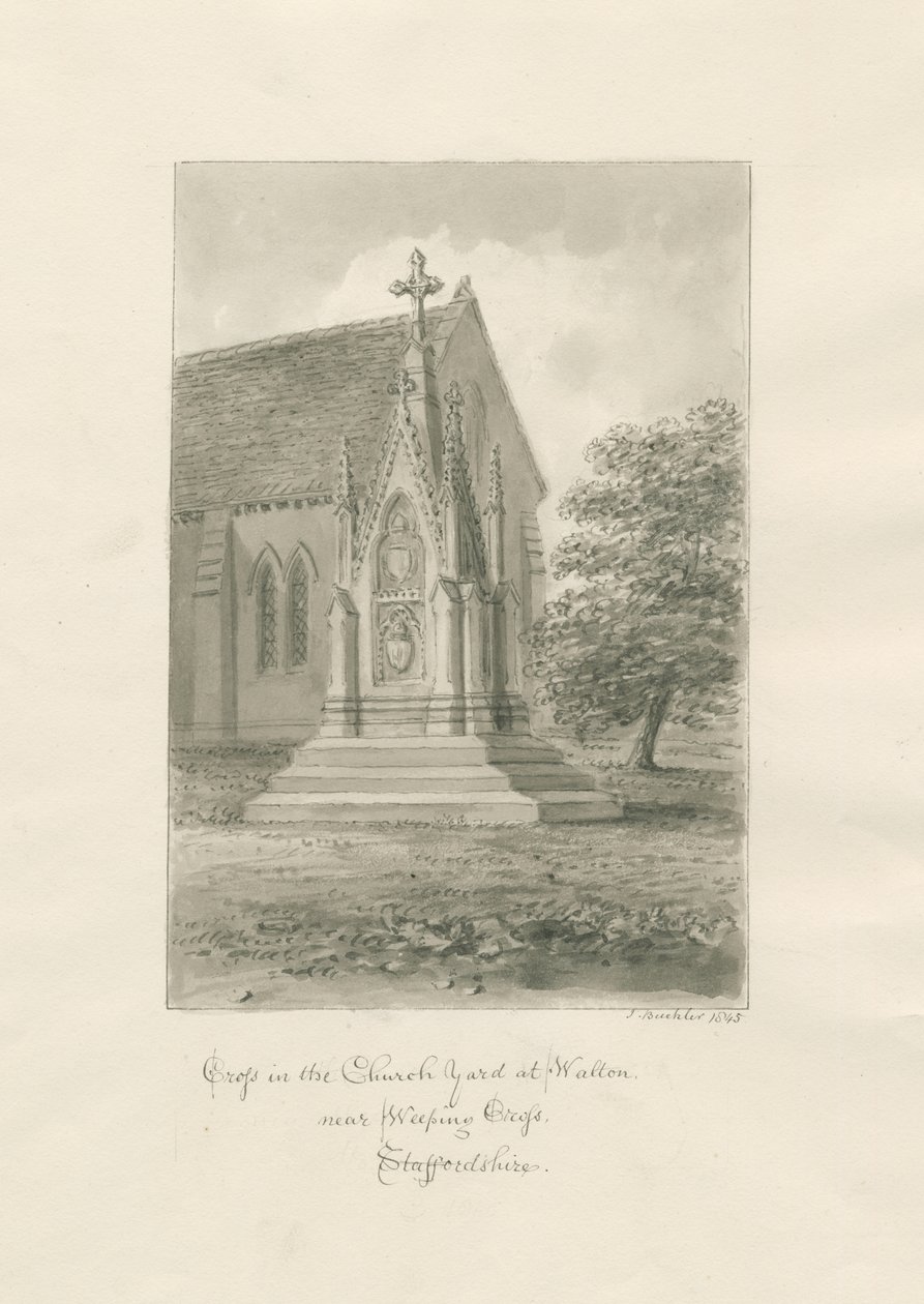 Walton-on-the-Hill Church - Kirkegårdskors: sepia-tegning av John Buckler