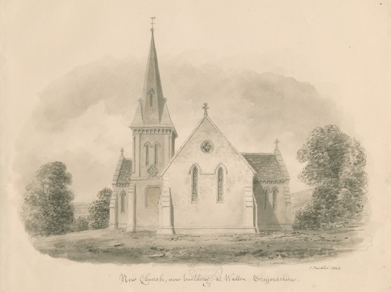 Walton-on-the-Hill Church: sepia-tegning, 1842 av John Buckler