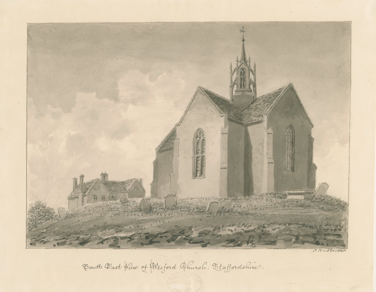 Weeford Church: sepia vask tegning av John Buckler