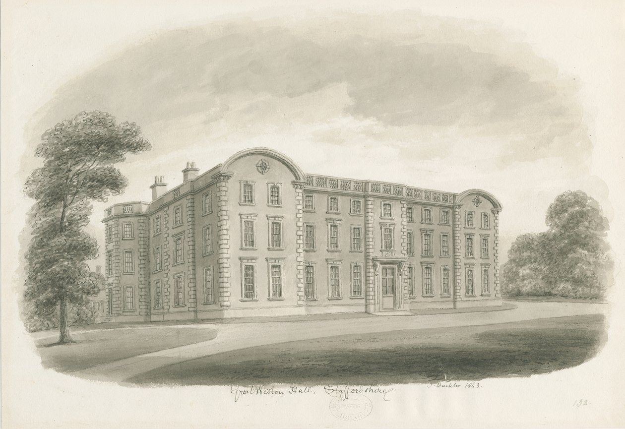 Weston-under-Lizard - Hall: sepia vask tegning av John Buckler