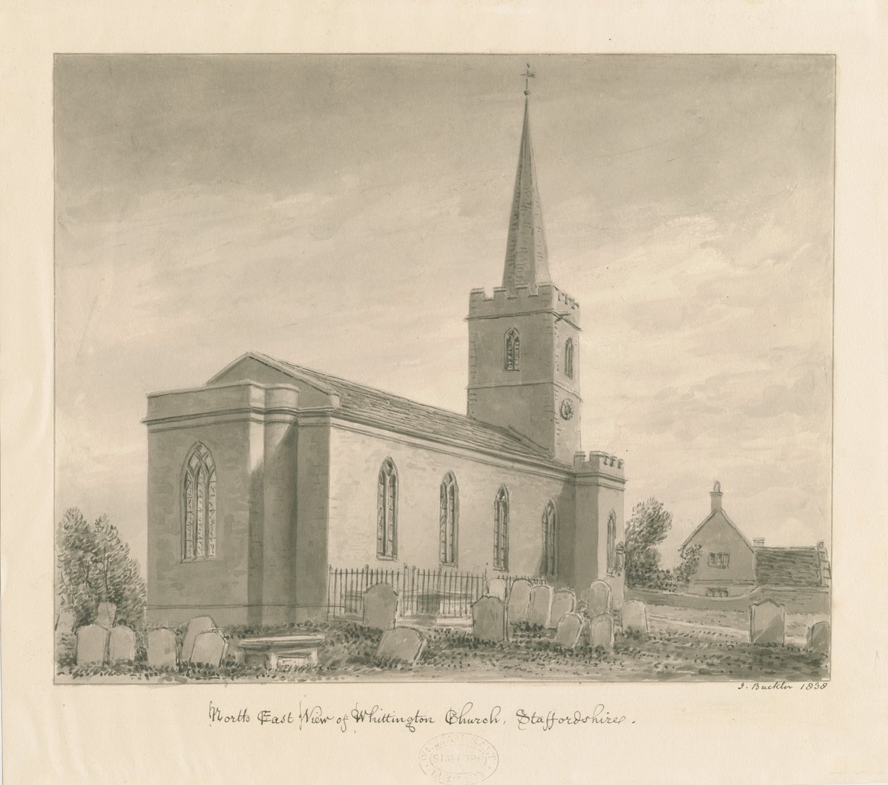 Whittington Church: sepia vask tegning av John Buckler
