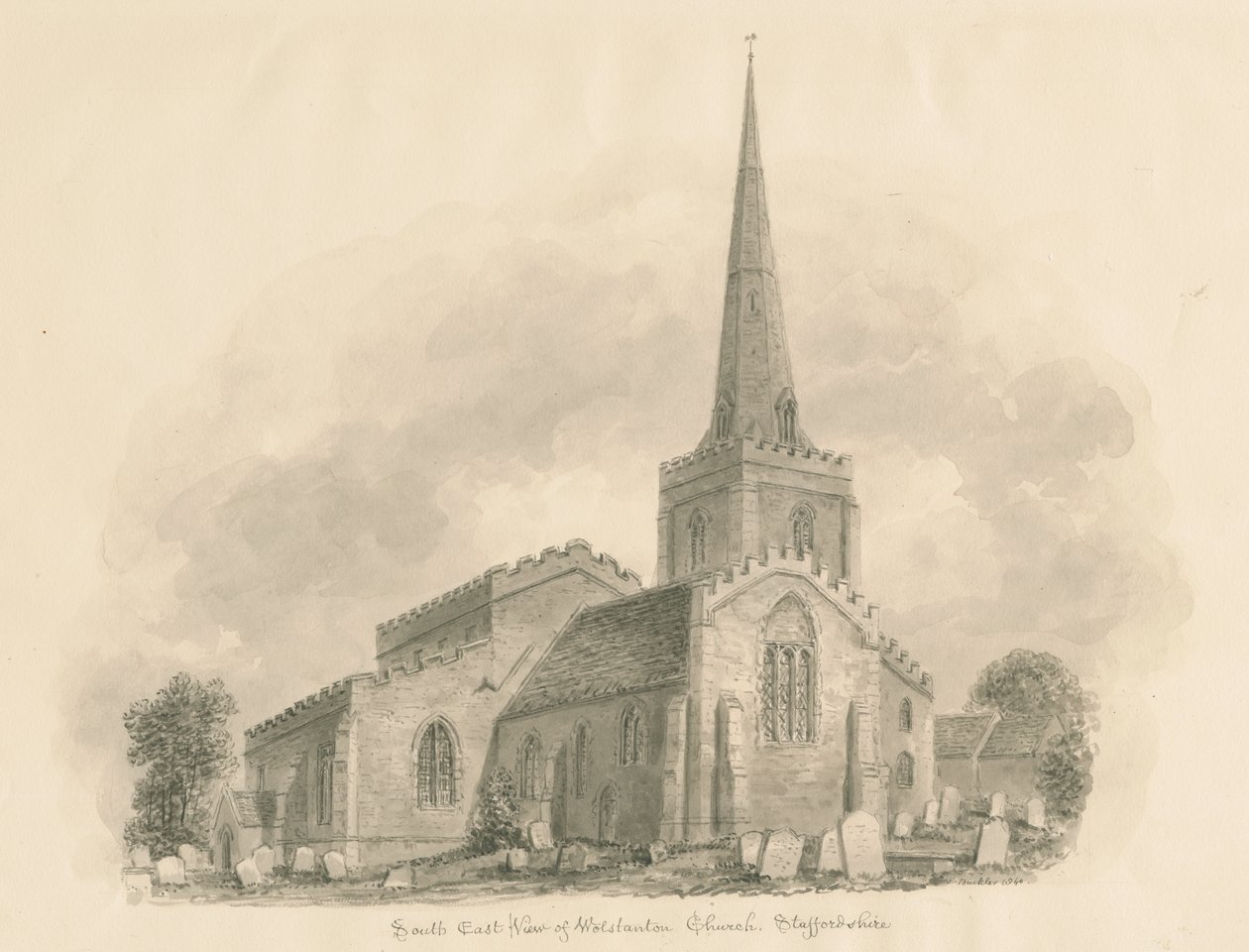 Wolstanton Church: sepia-tegning av John Buckler
