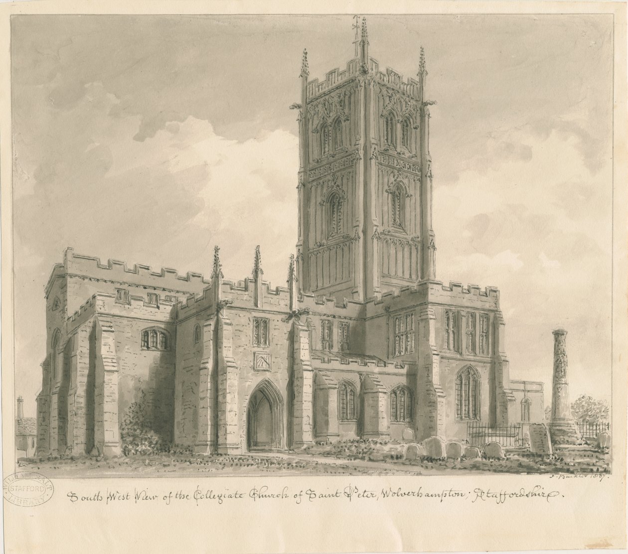 Wolverhampton - St. Peters kirke: sepia-tegning av John Buckler