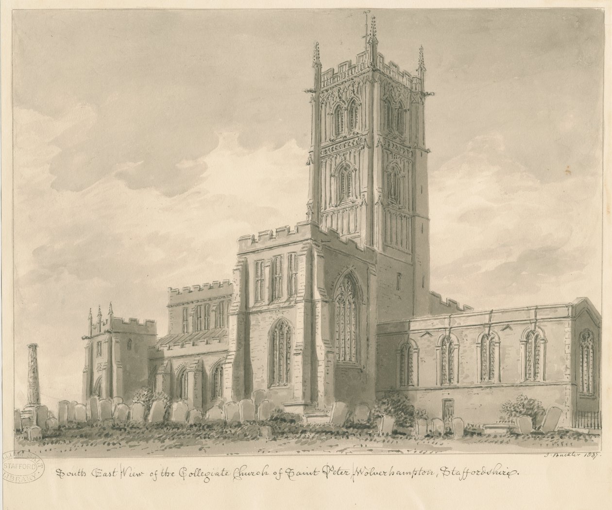 Wolverhampton - St. Peters kirke: sepia-tegning av John Buckler