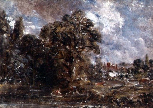 Et gårdshus nær vannkanten av John Constable