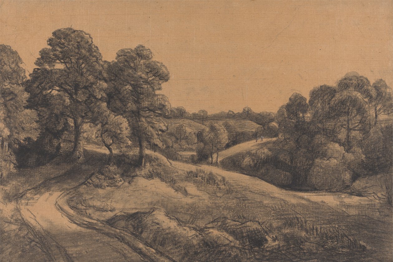 Skogkledd skråning med en vikende vei av John Constable
