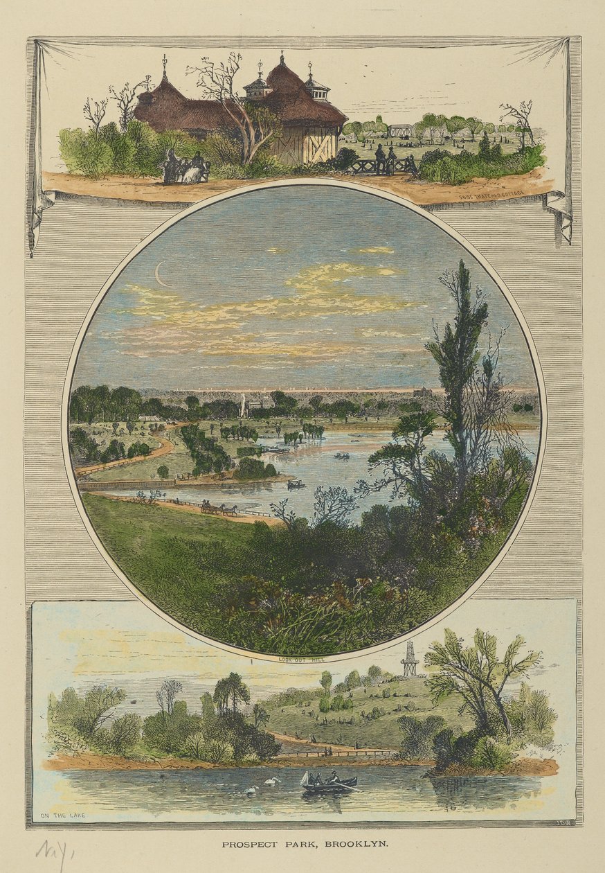 Prospect Park, Brooklyn (håndfarget gravering) av John Douglas Woodward