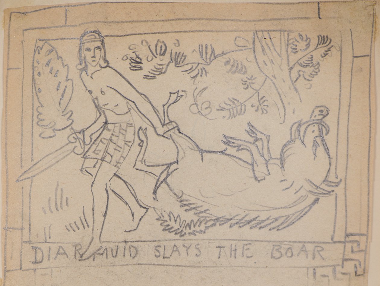 Diarmuid Slays the Boar (blyant) av John Duncan