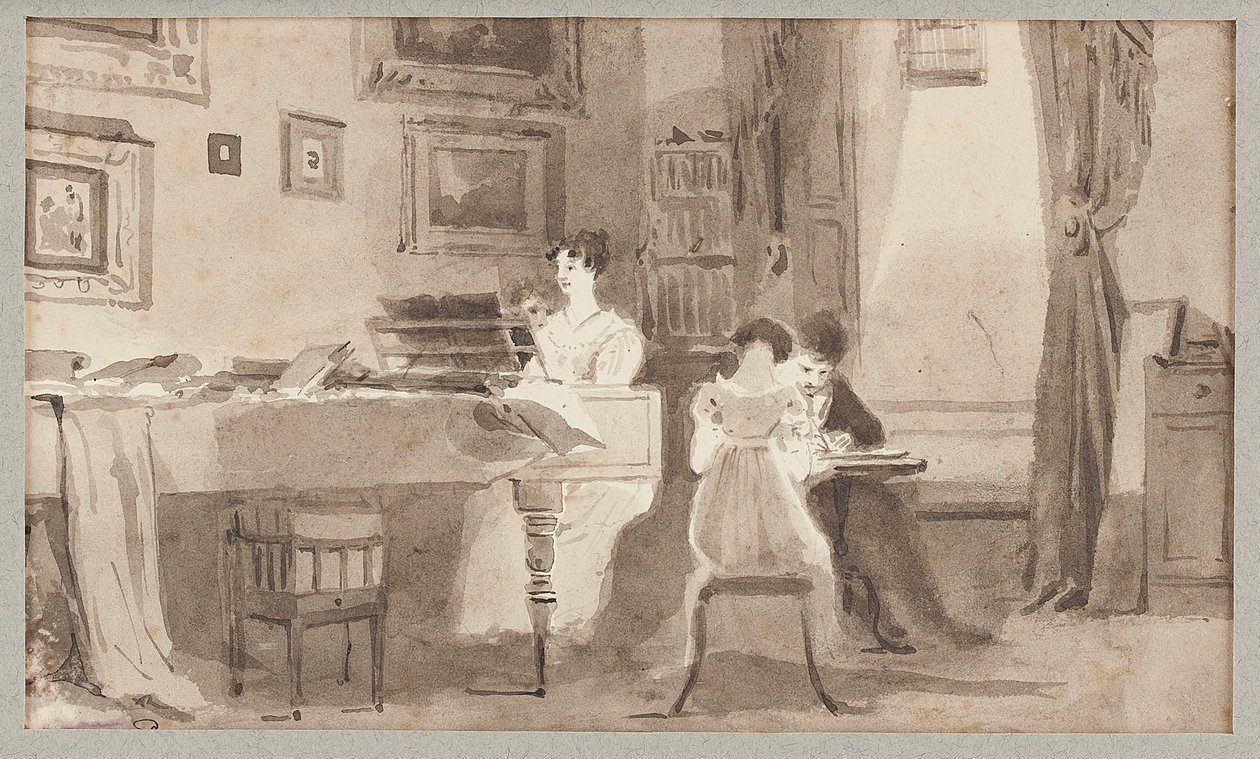 Interiørscene, 1826 (wc på papir) av John Harden