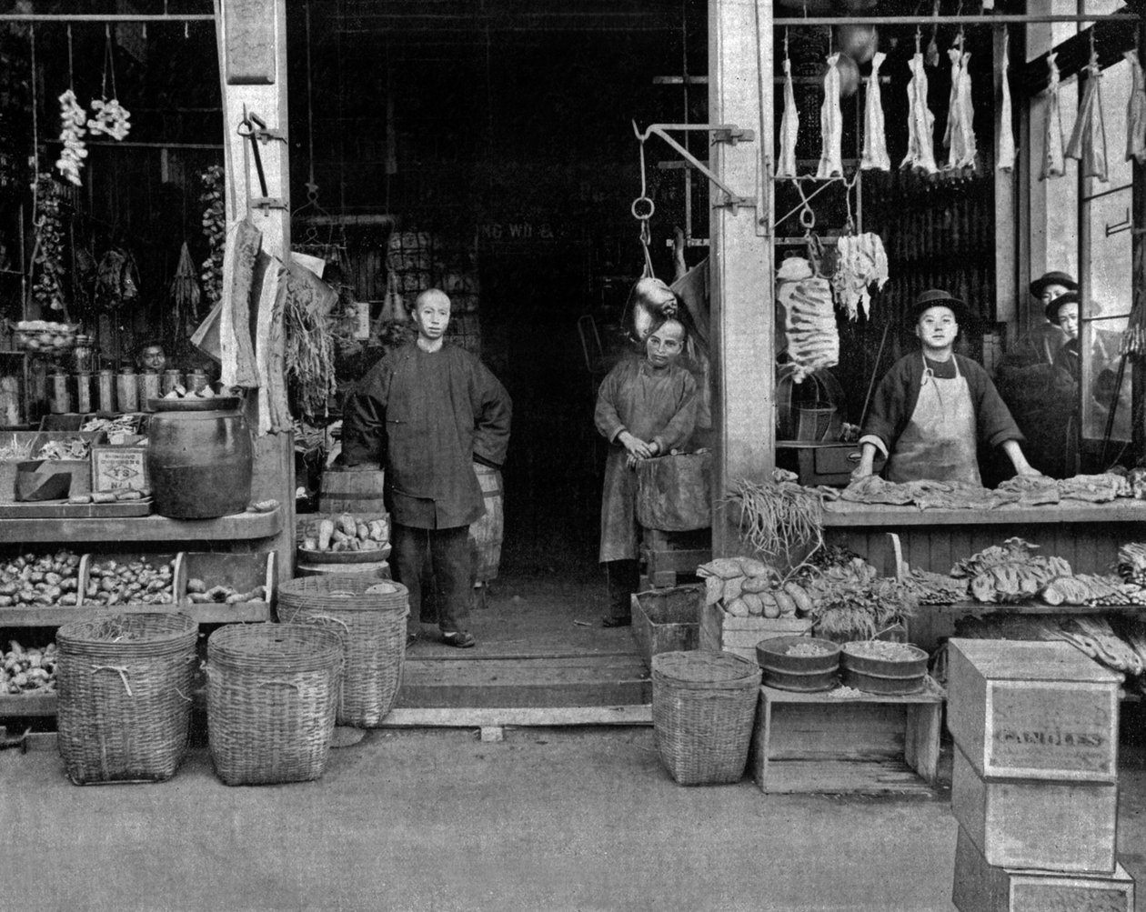 Chinatown i San Francisco (s/hvitt bilde) av John Lawson Stoddard