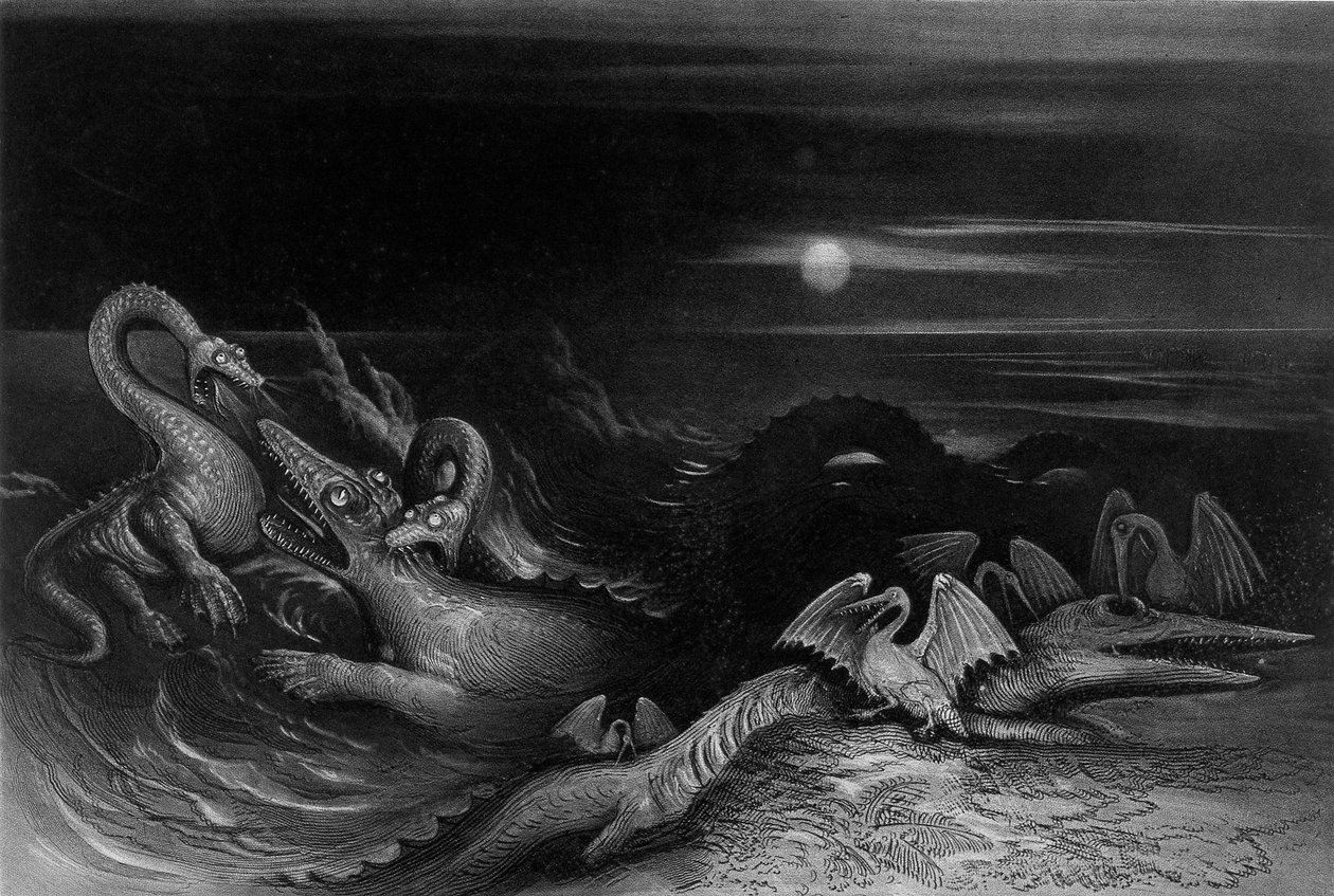 Plesiosaurus kjemper mot Temnodontosaurus (Oligostinus), 1840 av John Martin