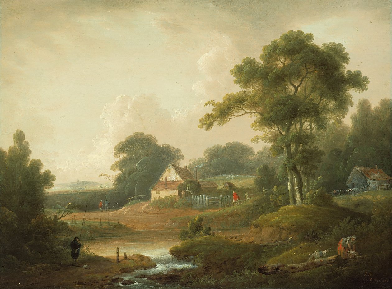 Landskap med fisker og vaskekone, 17901800 av John Rathbone