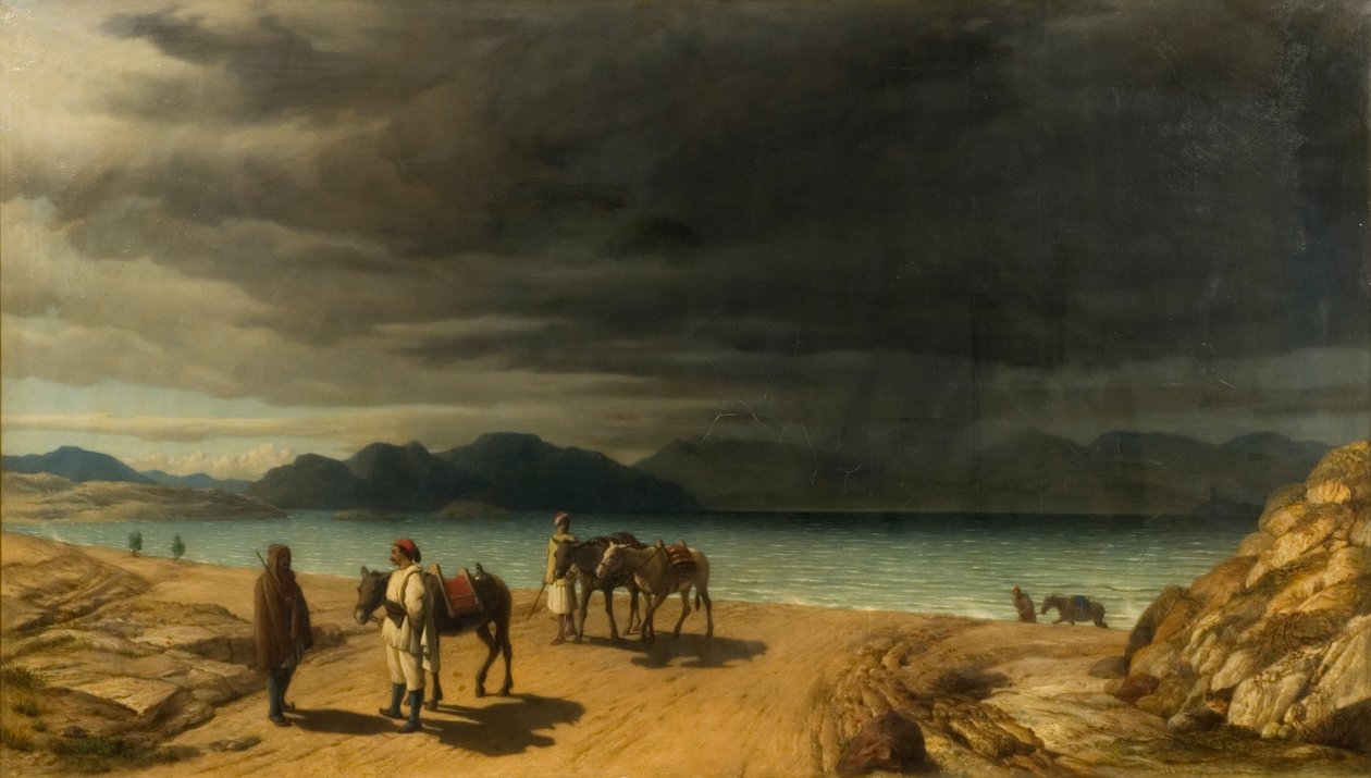 Landskap med innsjø og greske soldater av John Rogers Herbert