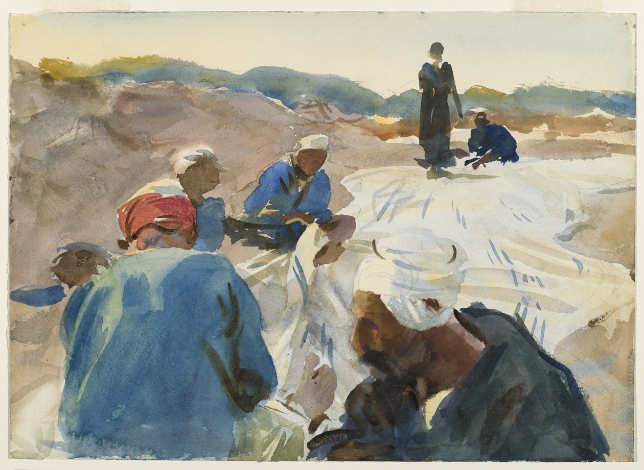 Mending a Sail (wc på papir) av John Singer Sargent