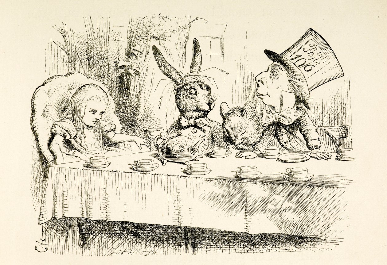 Alice på den gale hattemakerens teselskap. av John Tenniel